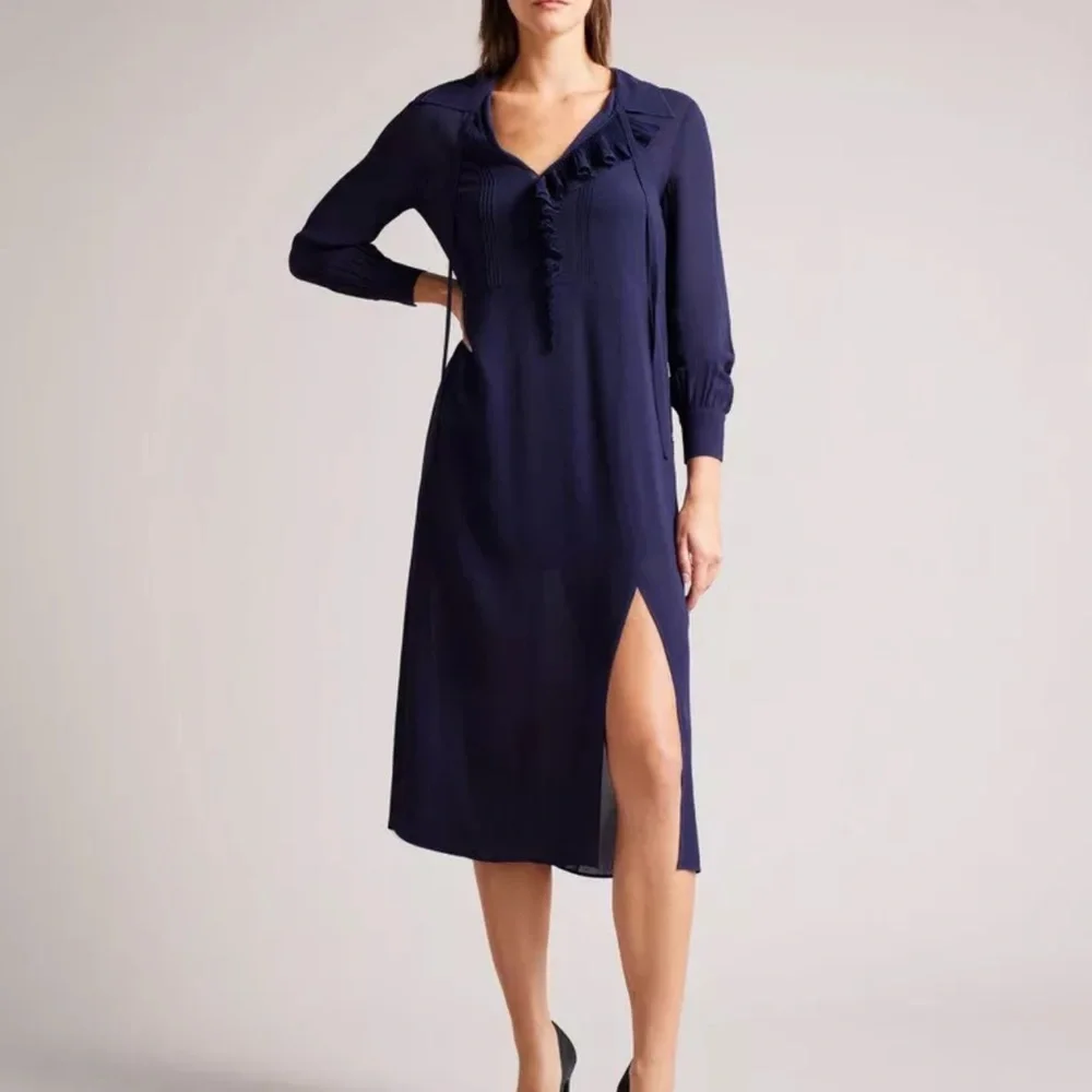 Ted Baker Faithiy Asymmetric Ruffle Midi Skirt Dress Dark Navy Womens Size Ted 2 - Picture 9 of 17